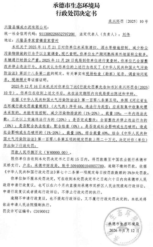 河北兴隆县福成水泥污染和监测违规问题被罚15.2万元(图2)